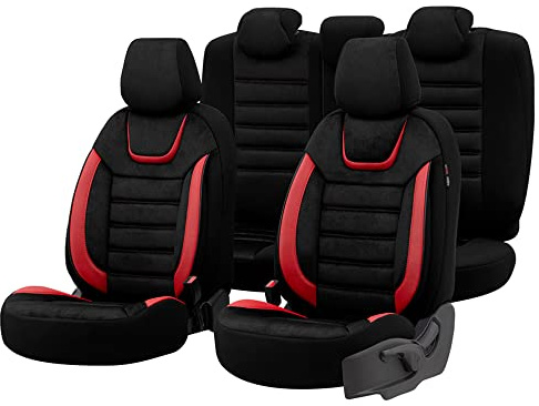 otoM Universelle Suede/Leder/Stoff Sitzbezüge 'Iconic' Schwarz/Rot - 11-Teilig- - kompatibel mit Side-Airbags