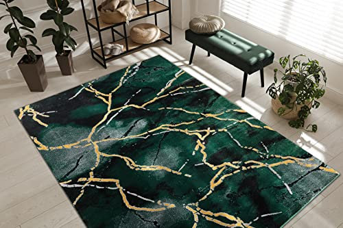 rugsx Exklusiv Emerald Teppich Glamour – Stilvoll, Marmor-Design Flaschengrün/Gold 120x170 cm Modern Teppich für Wohnzimmer