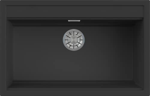 EVHOC Lavello Sopratop DESIDERATA S, 1 Vasca, Lavandino in Kuarzite Vasca Unica per Cucina, Fascia Miscelatore Preforata, Made in Italy, Nero, 79x51 cm