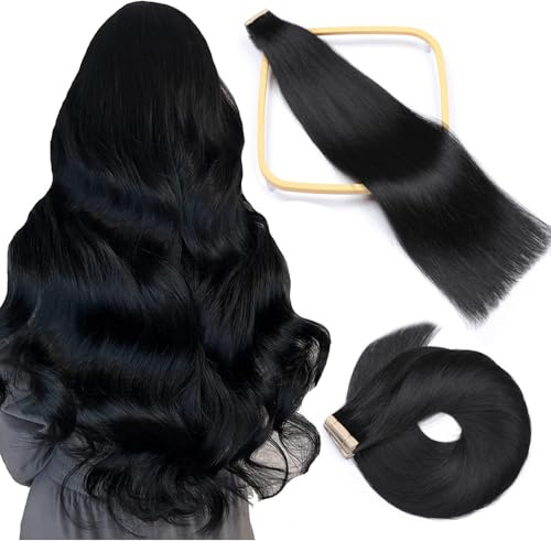 HotLulana Tape Extensions Echthaar Tief Schwarz Extensions Echthaar 20zoll/50cm 50g Skin Weft 100% Natürliche Tape in Extensions Echthaar 20pcs Invisible Echthaar Extensions Tape #1.