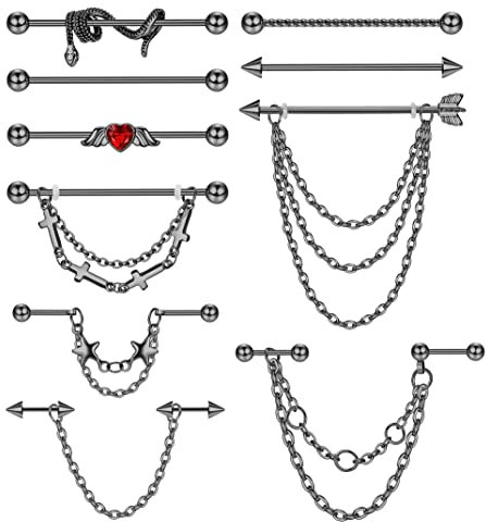 Kakonia Industrial Piercing Jewellery 14G 16G Stainless Steel Industrial Earrings with Chain Dangle Industrial Piercing Bar Double Cartilage Helix Piercing Earrings Industrial Barbell for Women Men