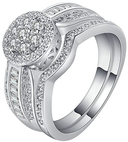 Gualiy Ringe Verlobungsringe, Damen Ring Versilbert Ring Set mit Rund Form Zirkonia Ringe Größe 52 (16.6)