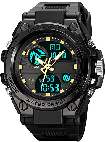 GBB Sport-Digitaluhr für Herren, wasserdicht, Sportuhr mit Alarm/Timer, Militär-Multifunktions-LED-Dual-Display, Armbanduhr für Herren, Black Gold
