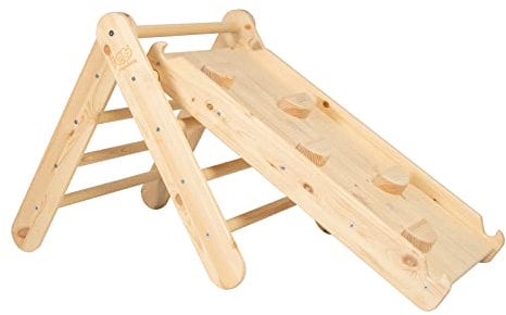 MEOWBABY Klettergerüst für Kinder - Indoor Kletterdreieck mit Rutsche, Montessori Spielgeräte Pikler aus Holz, Natur