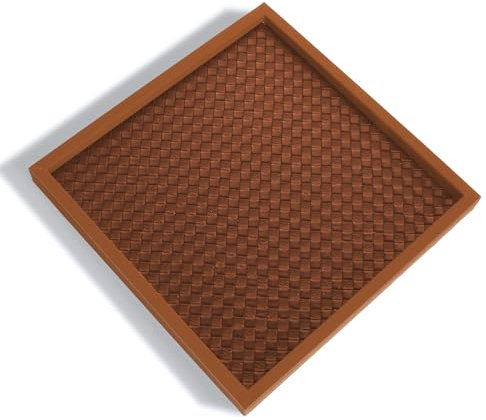 SANZIE Bandeja de cuero trenzado para almacenamiento de joyas, organizador de mesa para llaves, teléfono, monedas y artículos diversos. 10 x 10 x 1.7 pulgadas (marrón cuadrado)