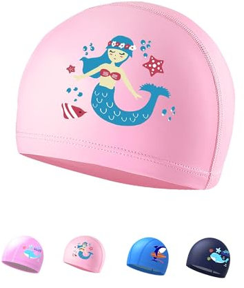 Cuffia Piscina Bambina, Cuffie Nuoto Bambino, Bambini 4-9 Anni, Cuffia da Nuoto, Materiale PU (Sirena, Rosa)