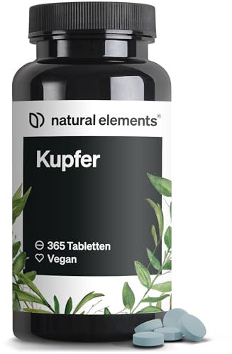 Cuivre – 365 comprimés véganes – 2 mg de cuivre par dose journalière – goût neutre, hautement dosé, sans additifs inutiles – fabriqué et contrôlé en laboratoire en Allemagne