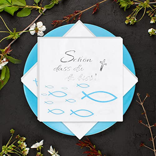 Servietten Fisch 32 Stück, Weiß Servietten Schön dass du da bist Blau Fische Serviette Papier 3-lagig, Party Papierservietten für Junge Mädchen Kommunion Konfirmation Taufe Tischdeko - 33 x 33 cm