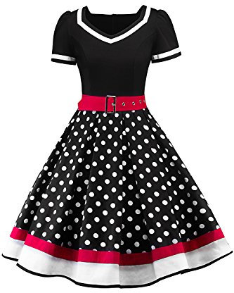 Fatapaese Women's Vintage 1950s Dress Retro Polka Dots Short Sleeve Rockabilly Cocktail Evening Swing Party Dress Black