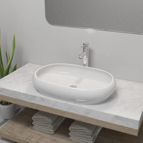 HIGSOSE Lavello Bagno Bianco con Miscelatore in Ceramica Ovale Arredo Bagno Lavabo Bagno da Appoggio Lavabo Appoggio Lavabo da Appoggio Lavandino da Appoggio Lavatoio Ceramica Lavandino Bagno