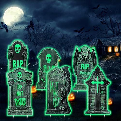 6 Stück Halloween Grabstein Leuchtend, Friedhof Deko, Skelett Grabsteine für Garten Outdoor Party Spukhaus Mit 12 Pfähle