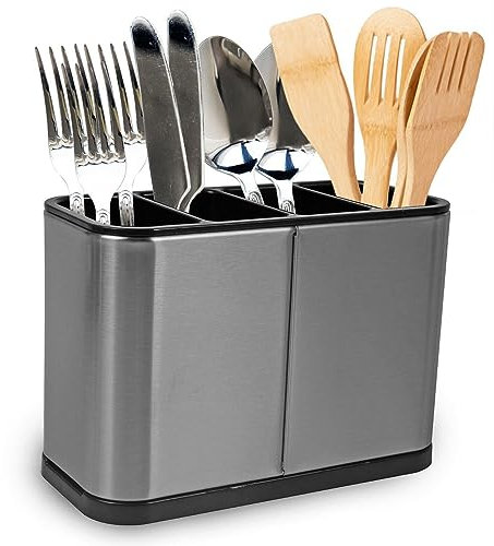 MantraRaj Kitchen Cutlery Holder Stainless Steel Utensil Holder Weighted Base for All Kitchens Countertop Or Table Flatware Organizer Utensil Crock Holder Caddy 4 Divider Drip Tray 18x13x8.6cm