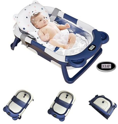 Balakaka 2025 Nuevo Bañera Plegable Bebé, Oso bañera portatil con Termómetro/Alfombra de Baño, Bañera de Bebe para Niños de 0-15 Meses con Patas Antideslizante, Dunkelblau