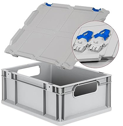 Eurobox NextGen Economy 40x30x17cm Griffe offen mit Scharnierdeckel grau, Kunststoffbox 16 Liter stapelbar Transportbox, Campingbox Farbe Deckel-Verschlüsse wählbar (Verschlüsse Blau)