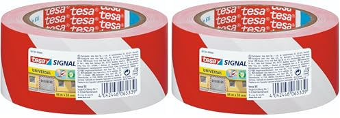 tesa Signal Markierungsklebeband UNIVERSAL - selbstklebendes Warnband zur permanenten Markierung und Kennzeichnung von Gefahrenzonen - aus robustem PP - 66 m x 50 mm - Rot/Weiß (Packung mit 2)