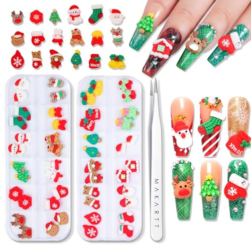 Makartt 3D Nagel Schmuck Weihnachten, Stereoskopisch Schneemann Rentier Weihnachtsbaum Weihnachtssocken Schneeflocke Urlaub Nailart, DIY Nagel Maniküre Dekorationen Nageldesign Zubehör mit Pinzette
