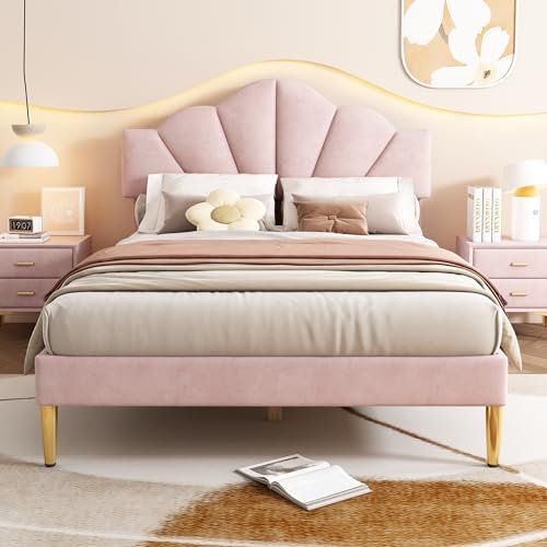 KecDuey Letto matrimoniale imbottito 140 x 200 cm in velluto, letto a conchiglia con gambe in ferro dorato, testiera regolabile in altezza, doghe in legno rosa, WF311404