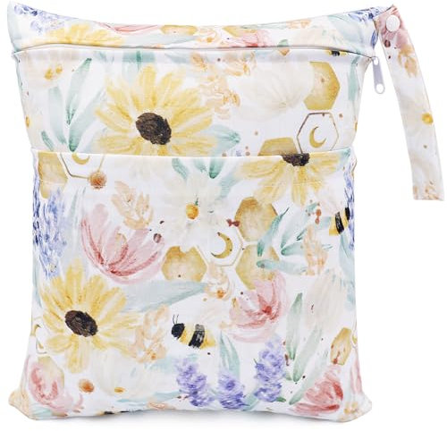 FenFang Stoffwindeln Nasstaschen, Windeltasche Wetbags Wickeltasche Naßtasche Nassbeutel Organiser Taschen Große Wiederverwendbare wasserdichte mit Reißverschluss für Baby Reisen (Bunte Blume)