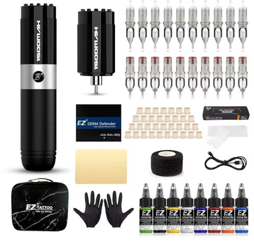 EZ Tattoo Maschinen Set - Tattoo Set mit Rotations Tattoo Maschine, Extra 1500mAh Akku Stromversorgung, 20 Stück Tattoo Nadeln und 8 Farben Tinten für Tattoo Anfänger und Künstler (Filter Fr Schwarz)