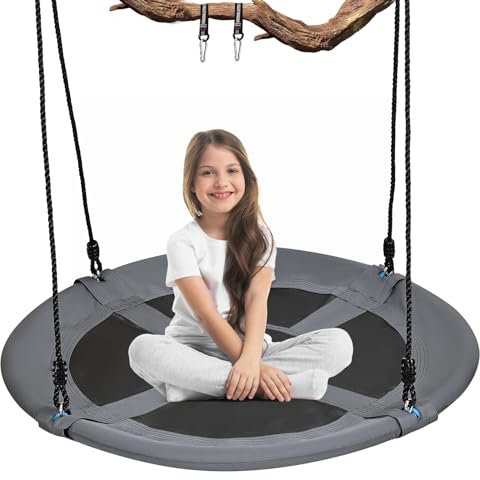 Columpio Circular de 120 cm, Capacidad de Peso de 300 kg Volador, 2 Correas para Colgar añadidas, Cuerdas Ajustables de Varios Hilos, Asiento de Columpio Seguro y Duradero para niños