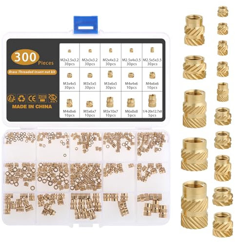Gueenky 300 Pezzi Dadi Zigrinati in Ottone, M2, M2,5, M3, M4, M5, M6, 1/4-20 Inserti Stampa 3D Filettati Zigrinati dadi, 15 Dimensioni Dadi Filettati Zigrinati per Stampaggio a Iniezione di Stampa 3D