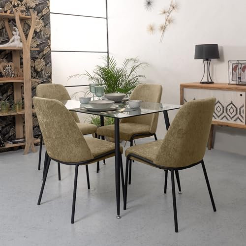 Homely - Conjunto Comedor Cairo Duran | Diseño Moderno | Mesa de Cristal de 120x80 cm y 4 sillas tapizadas | Patas metálicas Color Negro | Comedor, Salón, Cocina, Sala | Sillas Color Verde