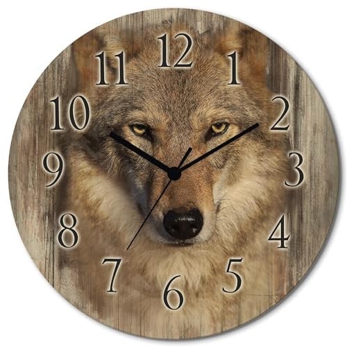 ARTLAND Wanddeko Wanduhr ohne Tickgeräusche aus Holz Funkuhr lautlos rund Ø 30 cm Wolf T1DQ Tiere Wolfbilder