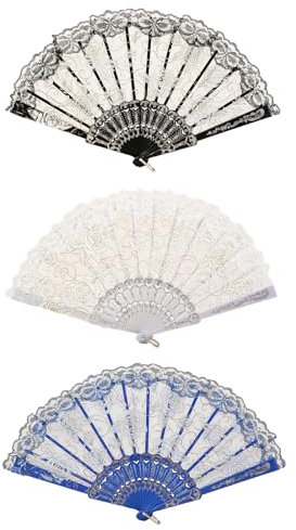 CavspkArt 3 Pcs Lace Hand Fan,Rose Pattern Folding Fans Women,Wedding Bride Hand Fan,Vintage Chinese Lace handheld Fans for Wedding,Gifts,Party Decorations (A)