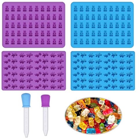 4 Pack Silicone Moulds, Jelly Moulds Silicone Chocolate Molds Silicone Gummy Bear Mini Dinosaur Candy Molds with 2 Dropper for Sweets Candy Chocolate Ice Cube Jelly Cookie