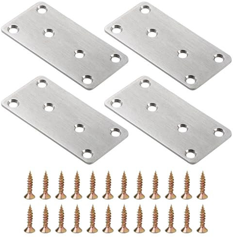 Placas de reparación de acero inoxidable con 6 agujeros, 4 placas planas con tornillos, soporte de unión recto para muebles de madera y metal (50 x 100 mm)