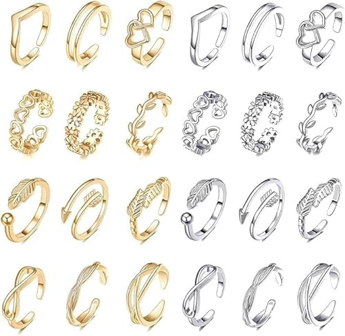 QEBIDVL 24pc Adjustable Toe Rings Set for Women - Gold & Silver Plated Toe Rings for Beach, Parties & Everyday Wear
