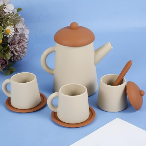 7PCS Silicone Tea Set for Toddlers Toy Tea Sets Kids Kitchen Accessories Afternoon Tea Pretend Toy with Teapot Cups Spoon Spice Jar Cup Mat Toddlers Simulation Tea Toy Set for Children Boys Girls