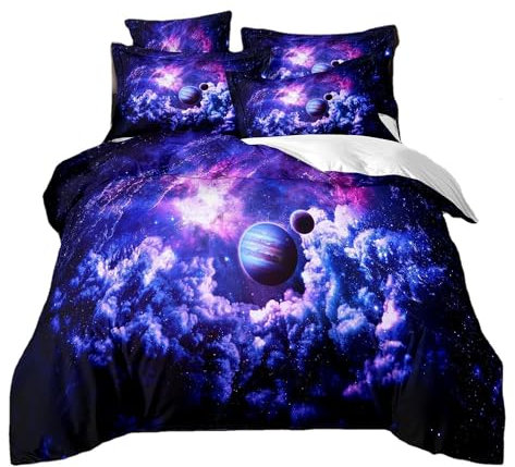 ZZTBQ Bleu Violet Galaxie Housse de Couette pour Chambre Enfant 1 Personne 140x200/65x65 (2 Piece) Lit d'enfant Galaxie Ciel Étoilé Planète Terre Cosmique Parure de lit Enfant pour Garçons et Filles