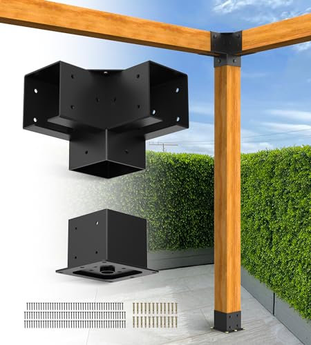 vikofan Kit de pergola 15,2 x 15,2 cm : lot de 6 supports d'angle droit à 3 voies et bases de poteau d'entretoises, très résistant, comprend du matériel – Pergola en bois, tonnelle, abri de jardin,