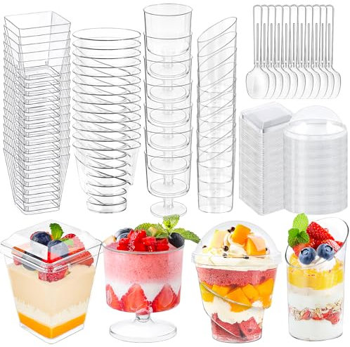 Paquete de 380 mini tazas de postre con cucharas y tapas, 3 y 5 onzas, mini vasos transparentes para parfait, vasos para fiestas, vasos redondos de yogur, tazas reutilizables para pudín de pasteles,