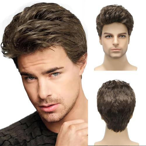 Herrenperücke braun kurz geschichtet Cosplay Haar Perücke synthetische volle Perücke mit Perücke Mütze