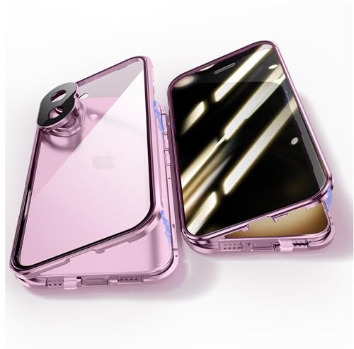 Anti Peeping Case for iPhone 16 Plus, Anti SPY Screen, Anti Peep Magnetic Adsorption Metal Bumper with Lens Protector 360 Degree Protection Front Privacy Tempered Glass Back Clear Cover (Pink)