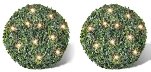 Buchskugel Ø 27cm Buchsbaumkugel+2xSolar,Stilvolle künstliche Buchsbaumkugeln mit stimmungsvoller SolarLichterkette für Innen und Außen Festtags-Dekoartikel