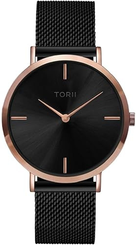 TORII Unisex-Uhr Schwarz Edelstahl - rund Quarz R38BM.BX Milanaise-Armband Strichindizes wasserdicht 50 m