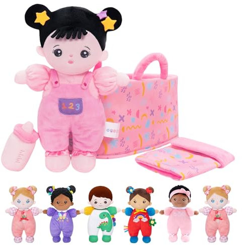 OUOZZZ Baby Puppe mit Tragetasche und Puppenzubehör Rosa, 25cm Weiche Stoffpuppe Schwarzes Haar, Kuschelpuppe für Kinder ab 3 Monaten - Baby Geschenk zur Geburt Mädchen Jungen