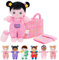 OUOZZZ Baby Puppe mit Tragetasche und Puppenzubehör Rosa, 25cm Weiche Stoffpuppe Schwarzes Haar, Kuschelpuppe für Kinder ab 3 Monaten - Baby Geschenk zur Geburt Mädchen Jungen