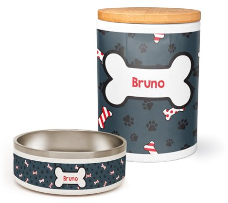 PICANOVA Festlicher Hunde Futternapf & Leckerli-Dose mit Namen - Personalisiertes Set im Weihnachtsdesign - Keramik-Dose & Hundenapf als Geschenkset für Haustierbesitzer - Candy Bones Design