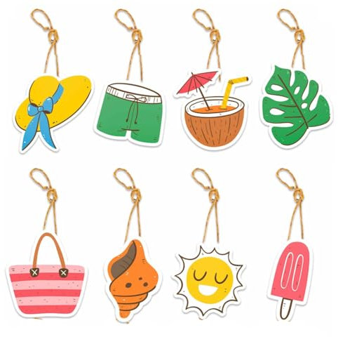 Summer Party Decorations Hanging Ornaments for Tree, 8pcs Beach Party Decorations Paper Card Pendants with Hanging Cords for Hawaiian Tropical Summer Beach Pool Backdrops Decoration Supplies