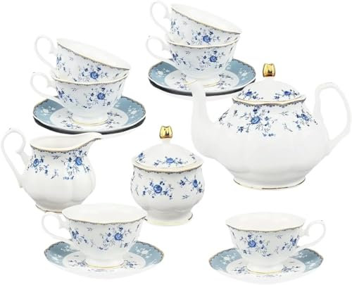 ZIHDKE Ceramic Tea Set Tea Set-21 Piece Floral Porcelain, Tea Cup And Saucer Set For 6, Tea Party Set For Women, Blue Roses Porcelain Tea Set(Blue)