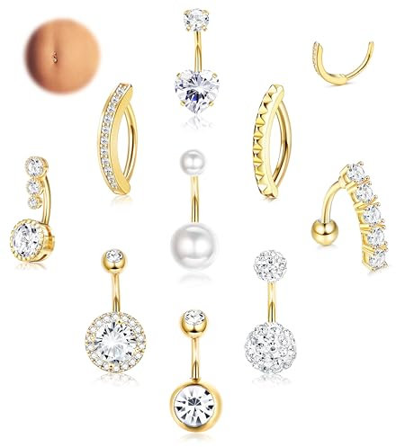 LOLIAS 9 Stück 14G Bauchnabelpiercing Gold Chirurgenstahl Piercing Bauchnabel CZ Clicker Bauchnabelpiercing Ring 10MM für Frauen Bauchnabelpiercing Chirurgenstahl Set