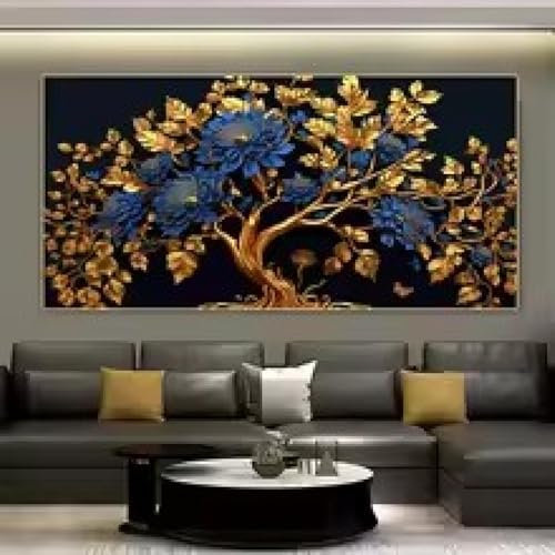 DHHXY Goldblauer Geldbaum Gerahmte Wandkunst Bilder Leinwand, & Blume, Leinwandbild, Wandkunst, Poster, Wohnzimmer, dekoratives Gemälde, Wald, Leinwanddruck, 40 x 80 cm, Rahmen