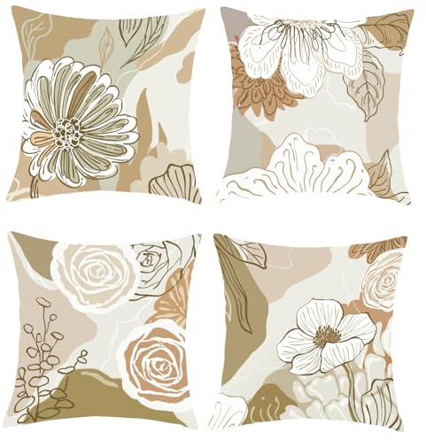 Joymaison Kissenbezüge 45x45 4er Set Vintage Retro Boho Abstrakte Blumen | Deko Kissenhülle Brown Abstrakt Kunst Blume Muster für Geschenk Dekorative Kissenbezug Kissen für Couch Sofa