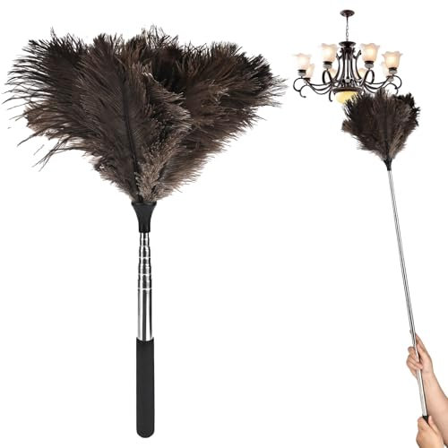Rzspher Teleskop Staubwedel Straußenfedern, 43CM-115CM Staubwedel Lang Ausziehbar, Anti Statik, Perfekt für Hohe Oberflächen, Deckenventilatoren und Empfindliche Einrichtungen