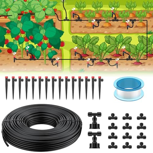 Pawfly Drip Irrigation System Kit, 15m Quick-Connect Drip Irrigation System for Garden Watering System with 4-6mm Tubing Emitters and Accessories Plant Watering Devices for Greenhouse Lawn Patio