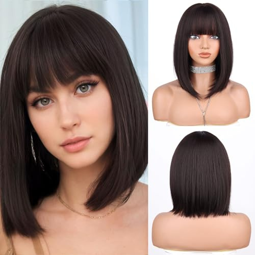 Fulang Hair Dunkelbraun Bob Perücken Mit Pony Kurze Glatte Dunkelbraun Perücken Damen, Schulter Lange Bob Perücke Mit Pony, Natürliche Haare Synthetische Perücke Für Den Täglichen Gebrauch